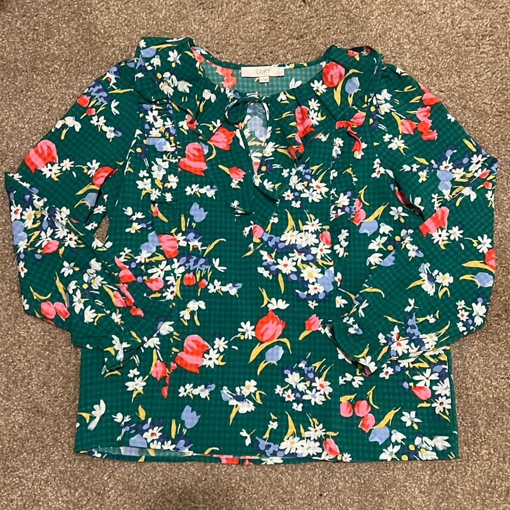Loft Floral Ruffle Collar Tie‎ Neck Blouse Size Medium